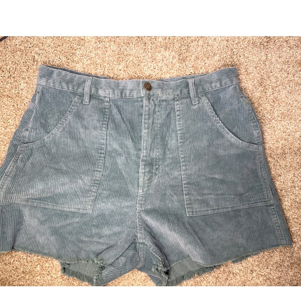 Ghanda 1984 Womens Corduroy High Waisted Shorts Blue Green Frayed Hem Size 12